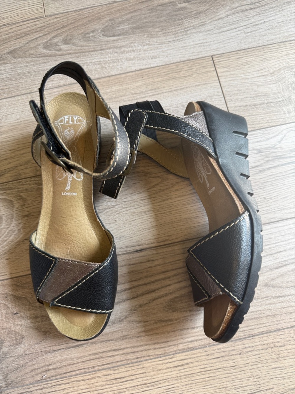 Fly London Black and Brown Wedge Sandals